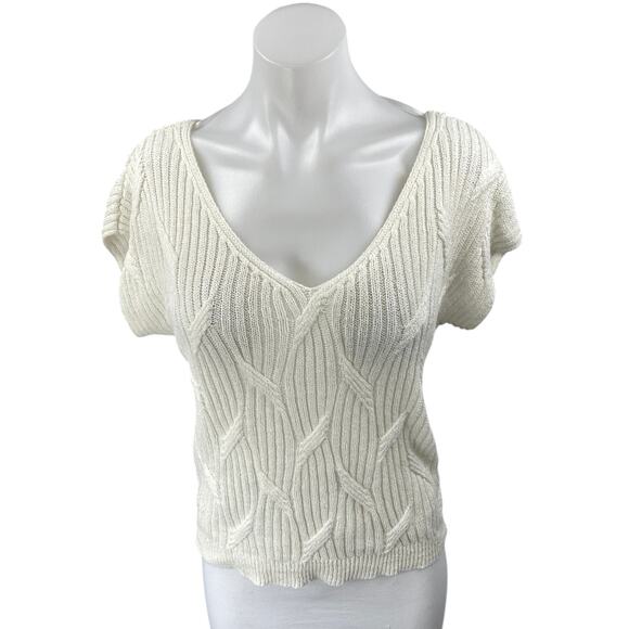 Zara Women's White Short Sleeve Cable Knit V-Neck Sweater Blouse Top Size XS - Picture 1 of 3